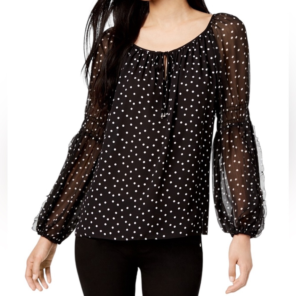 INC International Concepts Black and White Polka Dot Sheer Long Sleeve Blouse XL